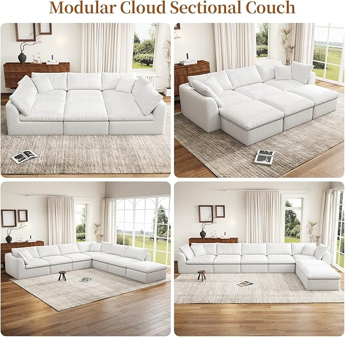 108 Modular Sectional Sofa with Movable Ottoman No Assembly Required Boneless Cloud Couch Deep Seat L Shaped Sectional Couches for Living Room Bedroom and Apartment White