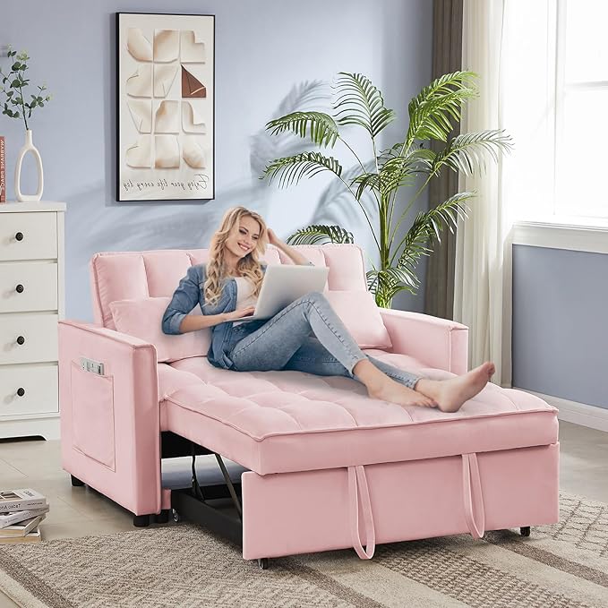 3 in 1 Convertible Sleeper Sofa Couch with Pull Out Bed55 Velvet Upholstered Futon Sofa BedModern Loveseat Sleeper Chaise with Adjustable Backrest for Living Room Guest Room Apartment(Pink)