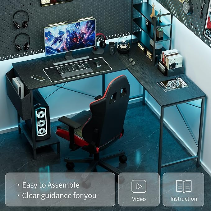 L Shaped Desk - 50 Reversible Home Office Computer Desk Wood Top Metal Frame Side Bag Sturdy Gaming Desk Corner Table for Work Writing and Study Space-Saving