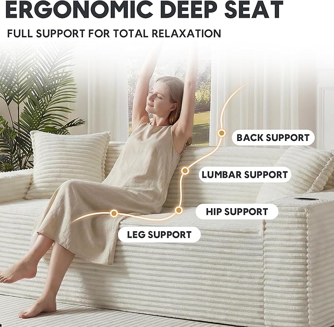 Boneless Sectional Sofa 3 Piece Set with Cup Holders &amp Side Pockets Modern Corduroy Fabric Deep Seat Cloud Couch Living Room Office No Assembly (White)