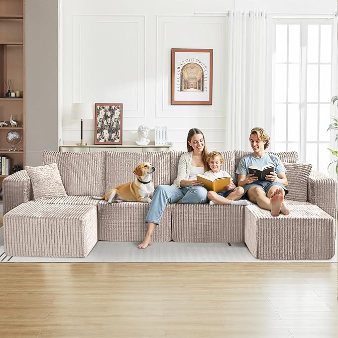 124 Modular Sectional Sofa U-Shaped 4 Seater Boneless Couch with 2 Ottomans Modern Cloud Sectional Couch Deep Seat Sofa for Living Room Bedroom Apartment No Assembly Required