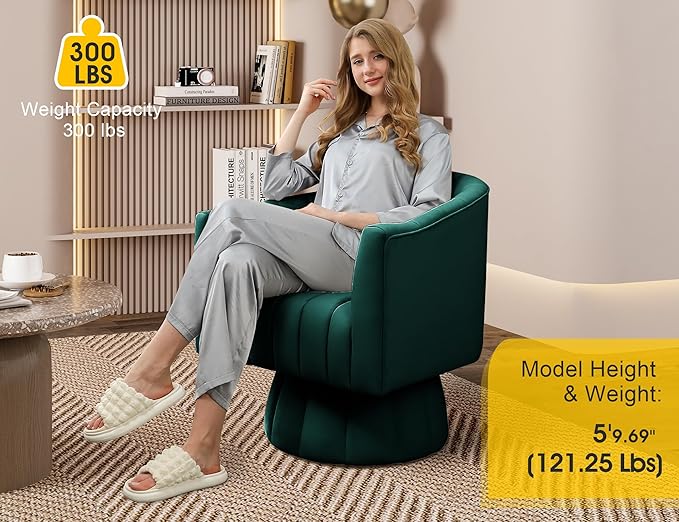 Mid Century 360 Degree Swivel Cuddle Barrel Accent Sofa Chairs Round Armchairs with Wide Upholstered Fluffy Velvet Fabric Chair for Living Room Bedroom Office Waiting Rooms (Green)