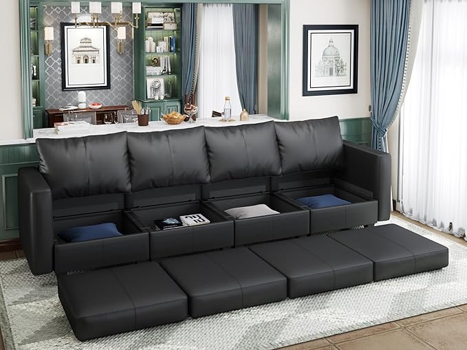 EASE MOOSE Modular Sectional Couch with Storage Seats 4 Seat Faux Leather Convertible Modular Sofa Sectional Sofa Couch with Reversible Chaises for Small Spaces Black
