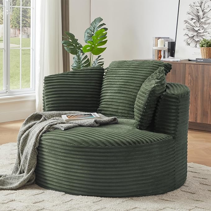 Antetek 48.8-inch Round Chair Modern Accent Corduroy Comfy Deep Seat Boneless Foam Floor Single Circle Chaise Sofa Chair with 3 Pillows for Living Room Bedroom Office No Assembly Required Green
