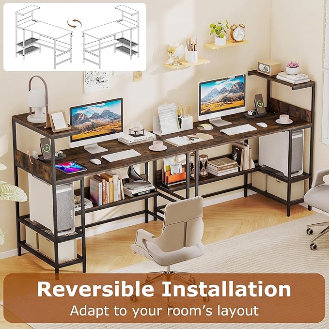 Giantex 48 Computer Desk with Charging Station Reversible Writing Desk with Storage Shelves &amp Headphone Hook Small Gaming Desk Industrial Computer Workstation for Home Office (Rustic Brown)