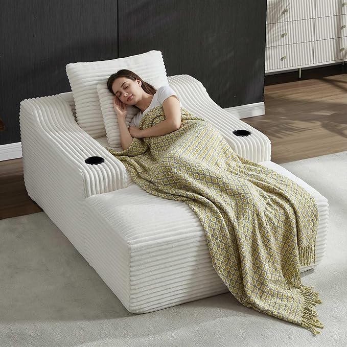 46 Chaise Lounge Chair Indoor Cloud Sleeper Sofa Bed with Cup Holder Corduroy Upholstered Sofa Couch with 9.84 Armrest for Living Room Apart No Assembly Required White