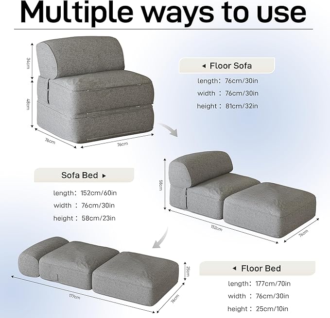 Daneey Convertible Folding Sofa Bed Fold Out Couch - Futon Sofa Bed for Bedroom/Living Room/Dorm Grey