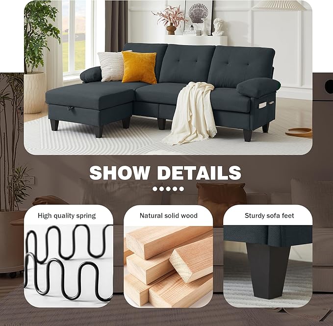 Sectional Sofa for Living Room 84 Small L Shaped 3 Seater Couch with Reversible Chaise Polyster Fabre for Apartment Small Space Dark Grey