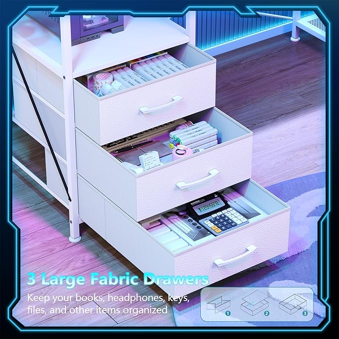 L Shaped Gaming Desk with Drawers &amp Storage Shelves Corner Gaming Desk with Power Outlets &amp LED Light Reversible Computer Desk with Monitor Stand &amp Hooks White