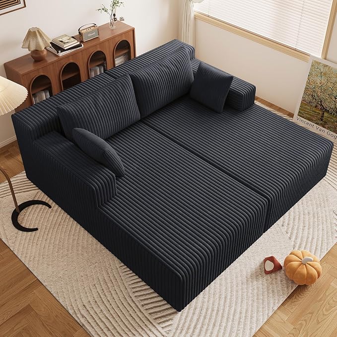 71Oversized Chaise Lounge ChairSectional Double Lounge Chaise with Pillows Upholstered Corduroy Boneless Lounge Chair Fluffy Modern Loveseat Sleeper Sofa for Living Room or Bedroom (Black)