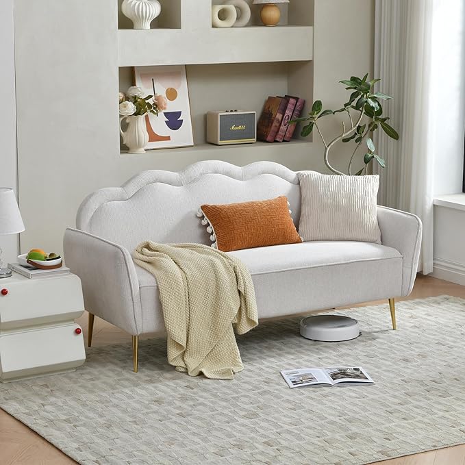 VELOCAVA 67 Loveseat Sofa Modern 2-Seater Upholstered Couch with Linen-Textured Fabric Curved Scalloped Back 7.87 Raised Legs for Living Room Apartment or Bedroom Beige