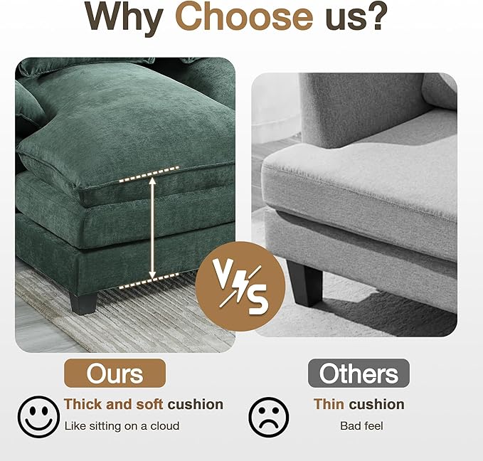 110.2 Modular U Shaped Cloud Couch Modern 4-Seat Chenille Upholstery Sectional Sofa with Double Chaise &amp Double Layer Cushions Deep Seat Comfy Couch for Living Room Bedroom Apartment Green