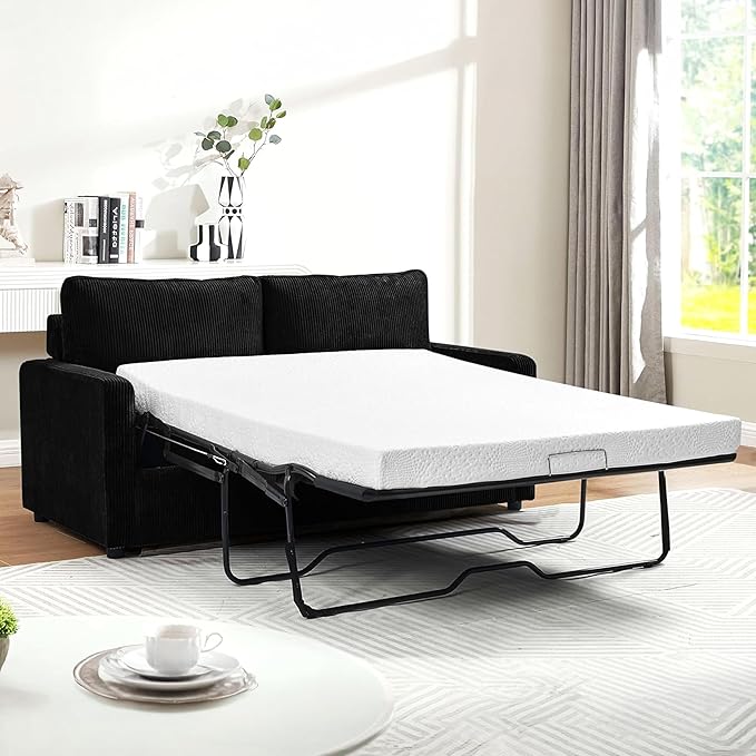 Reversible Sleeper Sofa Bed with Comfortable Memory Foam Mattress Convertible Corduroy Full Size Pull Out Couch for Living Room Space Saving Furniture 70 Wide Rectangular Arms Black