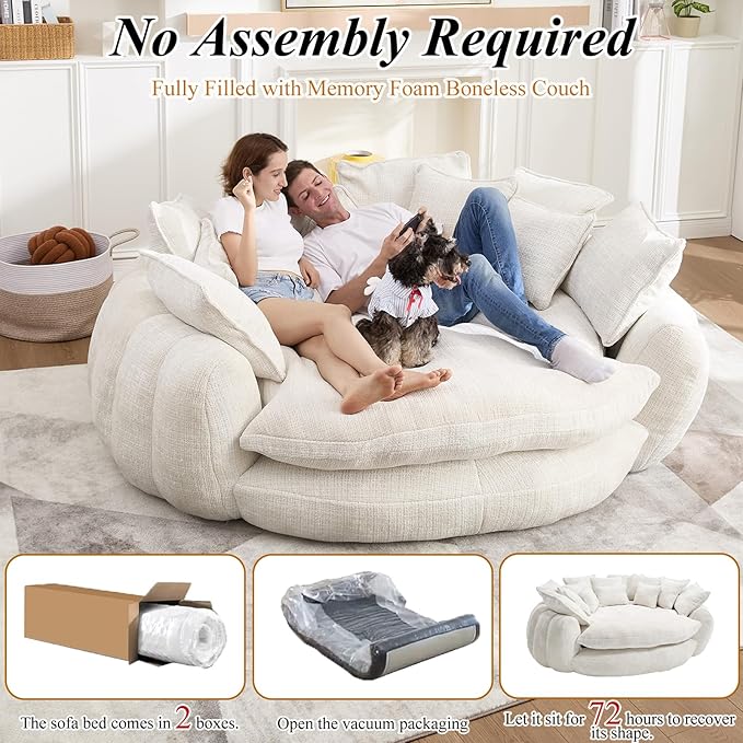 81'' Cloud Couches for Living Room Comfy Circle Round Couch Bed with 14 Pillows Upholstered Boneless Couch Oversized Chaise Lounge Chair Indoor Extra Wide Round Daybed Floor Sofa (White)