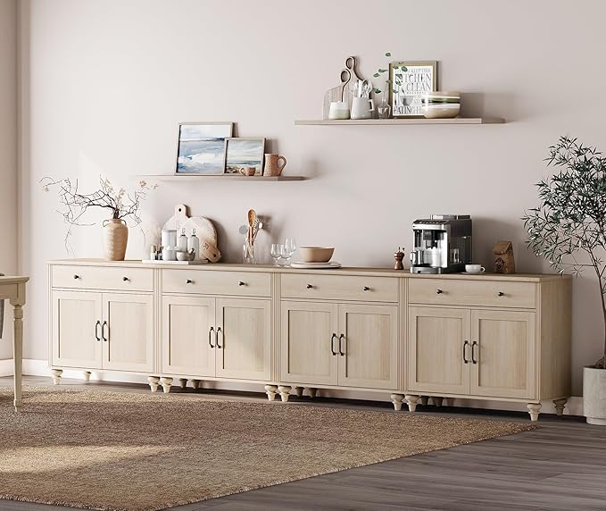 WAMPAT Farmhouse TV Stand for 85 inch TV with 8 Doors and 4 Drawers Wood Universal TV Stand with Large Storage Cabinets Beige Entertainment Center TV Console Table for Living Room Bedroom