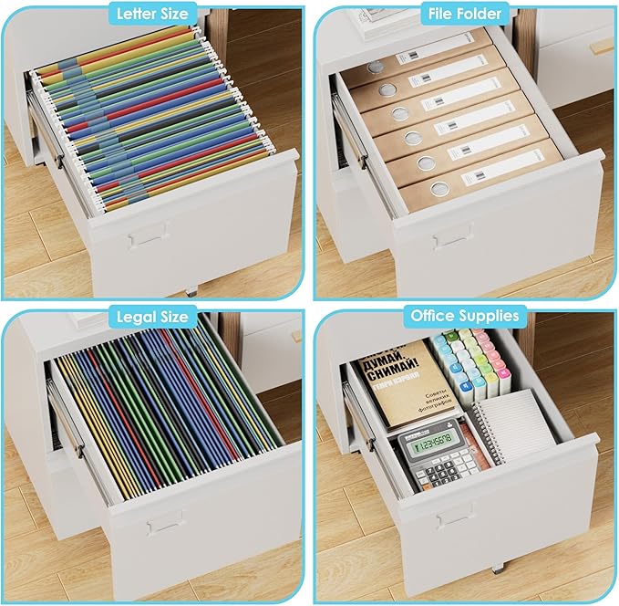 Aobabo 2 Drawer Filing Cabinet with Wheels Lockable Metal File Cabinet with Business Card Slot for Legal/Letter Size Home Office Required AssembledWhite