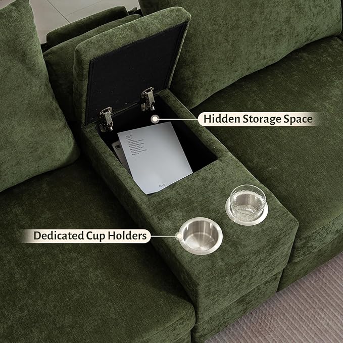 136.4 Modular Sectional Sofa U-Shaped 8 Seater Sectional Sofa with Storage Ottoman Linen L-Shaped Couch Large Cloud Couch with Cup Holders &amp USB for Living Room（Green