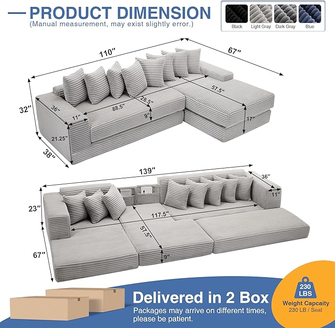 110'' Oversized Cloud Sectional Couches for Living Room Convertible Sleeper Sofa Bed Big Comfy Couch with 2 Side Pockets &amp 8 Pillows Corduroy Free-Combined (Light Gray 110 -Right Facing Chai