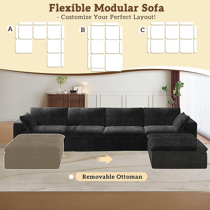 157.6 Cloud Couch Oversized Modular Sectional Sofa Boneless U-Shaped 6 Seater Deep Seat Couch with Ottoman Soft Corduroy Upholstery DIY Combination for Living Room No Assembly Required Black