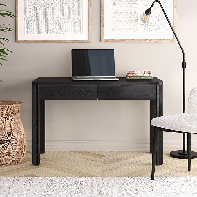 Henn&ampHart 48 Fluted Modern Rectangular Wooden Home Office Desk Computer Desk Writing Table with Ribbed Legs and 2 Storage Drawers for Bedroom Living Room or Home Office Natural Black