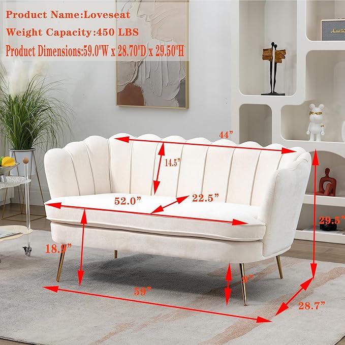 59 Modern Chenille Loveseat Couch Small Sofa with Gold Metal Legs2-Seater Upholstered Mini Sofa Couches for Small SpaceLiving Room Bedroom Office Dorm Studio Apartment (Beige)