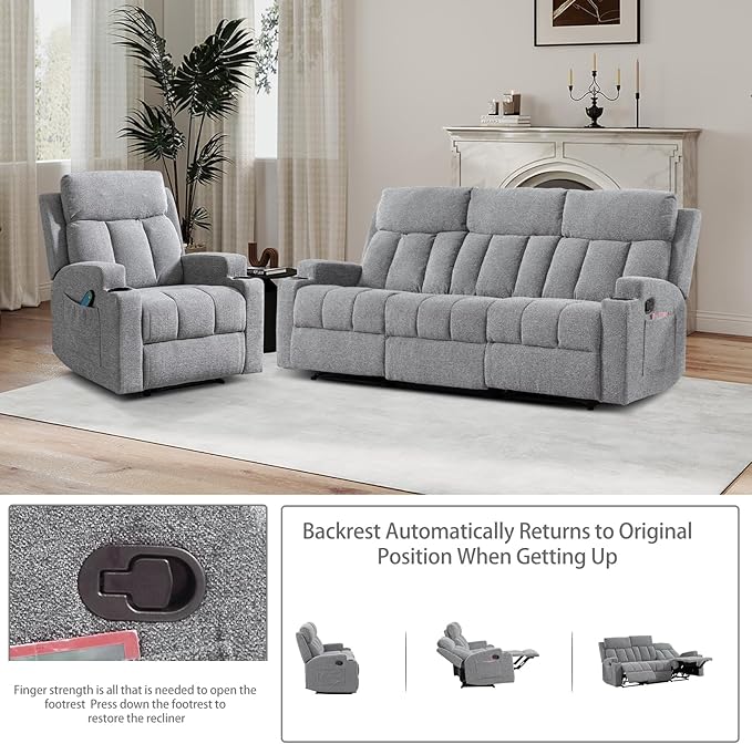 CANMOV Manual Recliner Sofa Set Fabric Recliner Living Room Furniture Sets 1 Seat Reclining Chair and a 3 Seate Sofa Furniture Set with Side Pockets and Cup Holders Light Grey