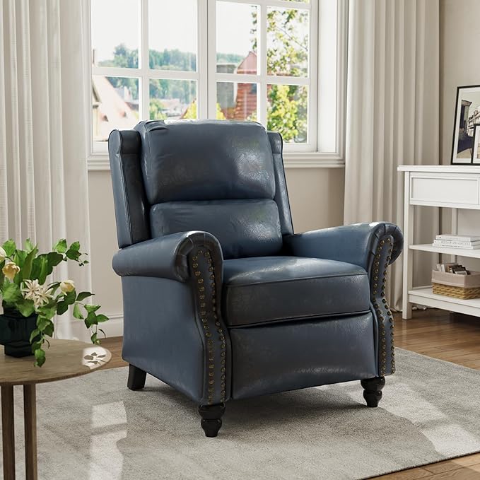 Faux Leather Recliner Chair Modern Pushback Armchair with Adjustable Backrest &amp Footrest for Bedroom Living Room (Dark BlueSet of 1)