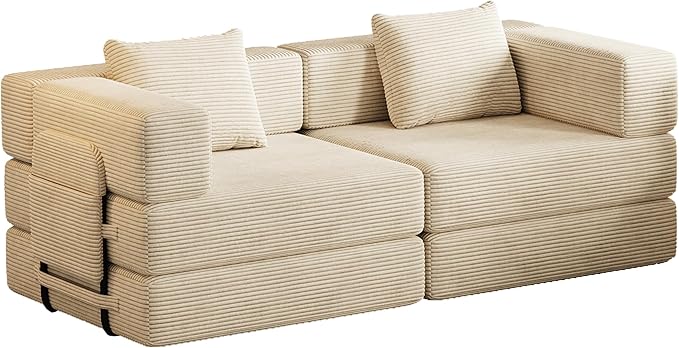 KEIKI 72.4'' Convertible Sofa Bed 2 Seat Corduroy Fabric Sofa with Two Side Storage Pockets and Two Cushions Comfortable Folding Sleeper Carpeted Couch for Living Room Bedroom and Study Beige