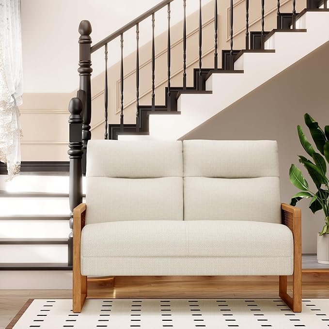 Alunaune Modern Loveseat Bench Couch with Natural Rattan Arm Upholstered Linen Small Love Seat Sofa 2-Seats Living Room Couch Settee Comfy Lounge Recliner Chair-Ivory