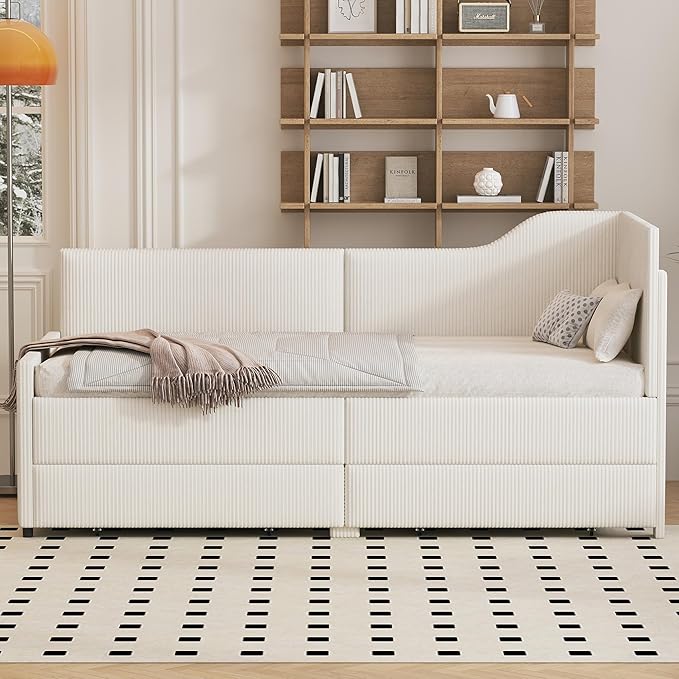 Twin Size Daybed L-Shaped Modern Corduroy Upholstered Sofa Day Bed Frame with Storage Drawers for Living Room Bedroom Guest Room No Box Spring Needed (Beige)
