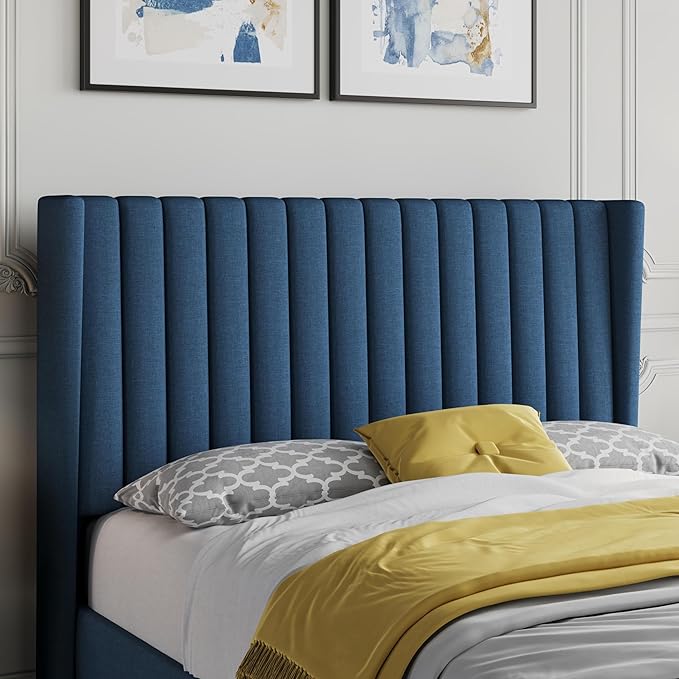 Yaheetech Full Size Bed Frame Upholstered Platform Bed with Wing Edge Headboard Square Tufted Fabric/Mattress Foundation/Wooden Slats Support/No Box Spring Needed/Easy Assembly/Navy Blue