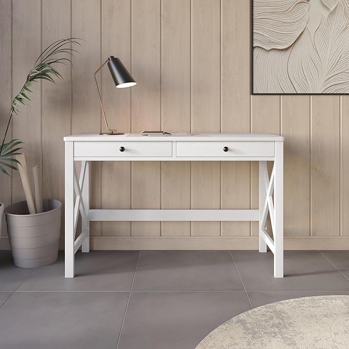 HOME DESIGN Beatrice Solid Wood Writing Desk 47.2 Inches Modern Home Office Desk with Spacious Tabletop &amp Built-in Storage Drawers Durable Design Easy Assembly White