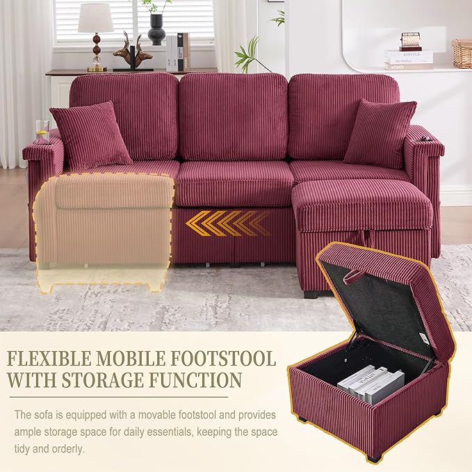 KEIKI 76 L-Shaped Modular Corduroy Sectional Sofa with Pull-Out Bed &amp 1 Movable Storage Ottoman &amp 2 Cup Holder &amp USB Convertible 4-Seater Sleeper Couch Bed Easy Assembly for Living Roo