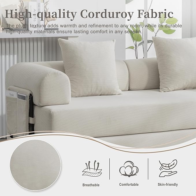4‑in‑1 Convertible Sleeper Sofa Bed DIY Combination Floor Sofa Lounge Couch with Cylindrical Pillow Corduroy Futon Folding Mattress Couch for Apartment Bedroom Playroom Beige