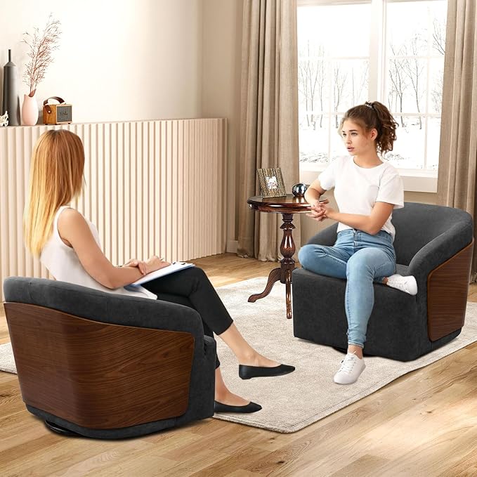 Swivel Accent Chair Faux Leather Swivel Barrel Chair Comfortable Mid Century Modern Chair Upholstered Metal Base Armchair for Living Room Bedroom Office Large Vintage Black