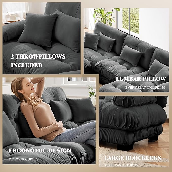 Oversized Modular Velvet Sectional Cloud Sofa Couch with Movable OttomanCorner Sofa with Comfortable Armrests Deep Seat Convertible L or U Shaped Couch (Gray 3 Seat)