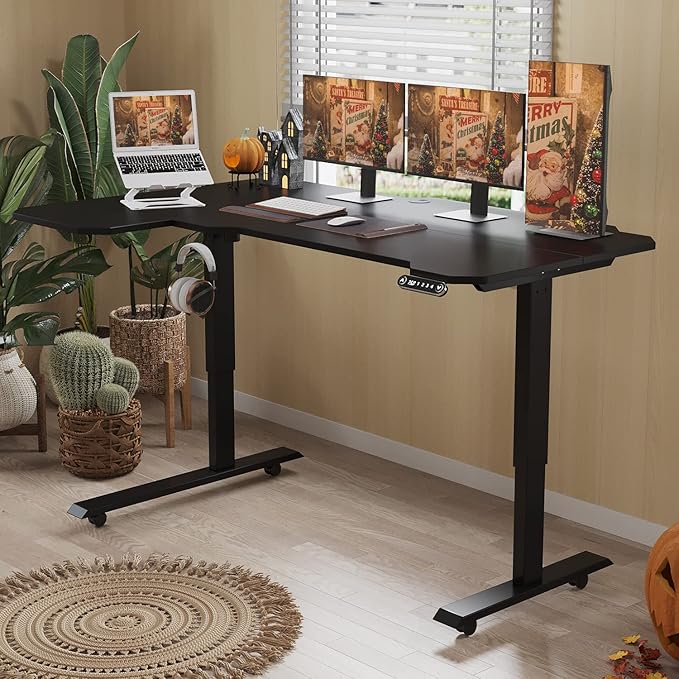 L-Shaped 59 Height Adjustable Electric Standing Desk Sit and Stand Up Computer Desk For Home Office with Splice Board (Black Top Black Frame)