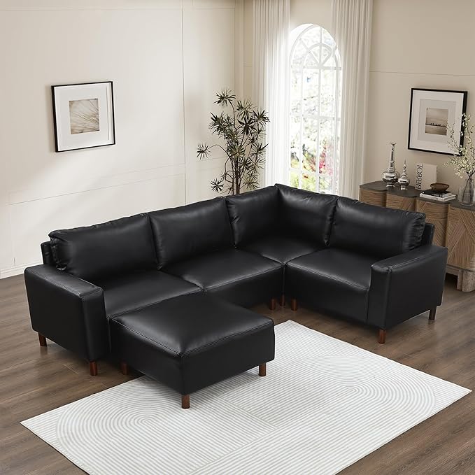 KEIKI PU Leather Sectional Couch Sofa Set with Ottoman Luxury 5 Seater U-Shaped Sleeper Cloud Couches Bed Comfy Modular Convertible L-Shaped Sofabed for Office Living Room Easy Assembly Black