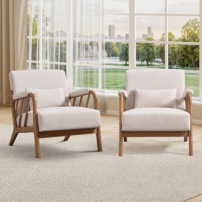 INZOY Accent Chairs Set of 2 Mid Century Modern Accent Chair with Wood Frame Upholstered Reading Armchair with Corduroy Fabric Accent Chair for Living Room Bedroom Apartment Easy Assembly Beige
