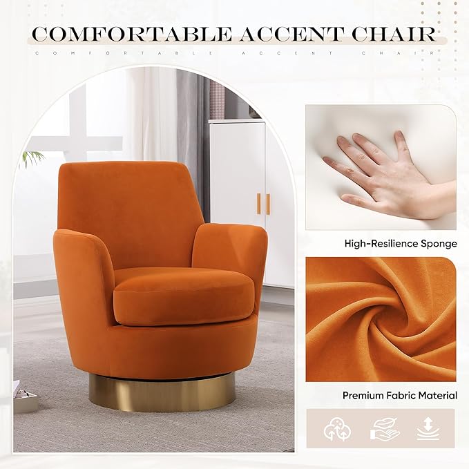 360° Swivel Barrel Chair Set of 2 28.3 Modern Velvet Round Accent Chair Comfy Upholstered Small Armchair with Gold Metal Base for Living Room Bedroom Nursery Office Sillas para Sala Orange
