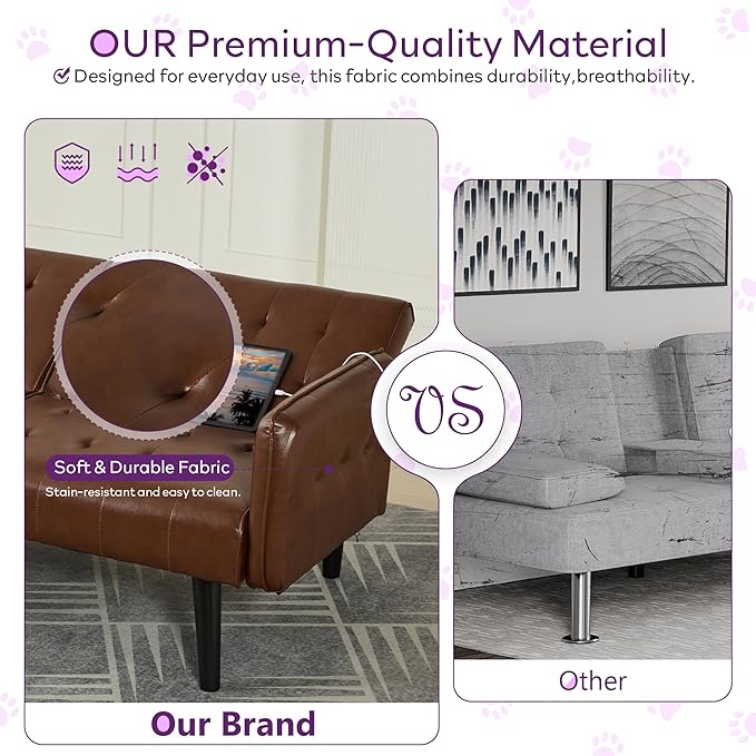 TYBOATLE 65“ Convertible Futon Sofa Bed w/ 2 USBTufted Small Adjustable Folding Couch Loveseat Modern Mid Century Faux Leather Sleeper Sofa for Living Room BedroomOffice Brown
