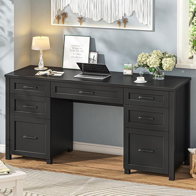 Vabches Farmhouse 61'' Executive Desk with 5 Drawers Rustic Office Desk Computer Table with File Drawers and Storage Cabinet Wood Workstation for Study and Home Office(Pure Black)