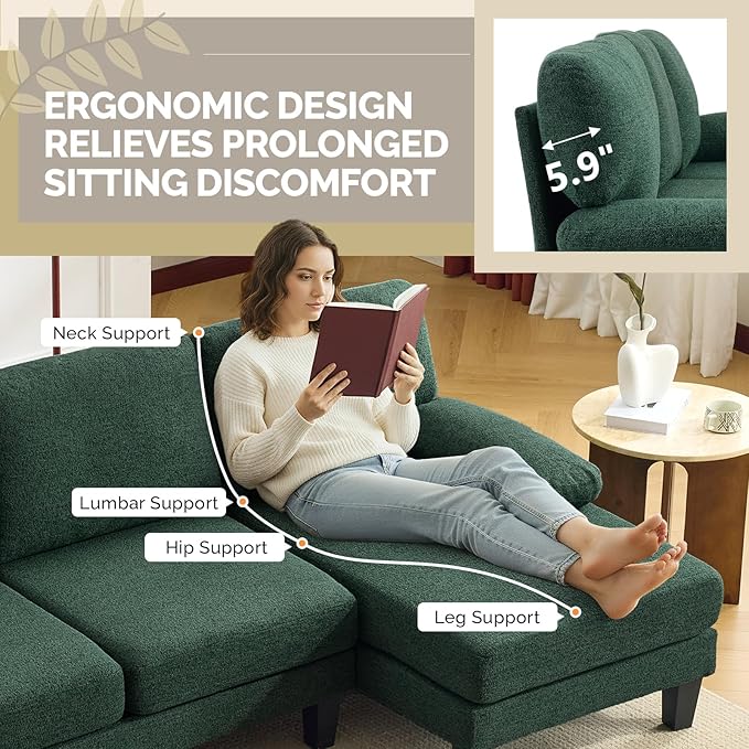 VINGLI 110' U-Shaped Sectional Couch with Two Chaise Affordable Small Sofa with 4 Seats Chenille Fabric Comfy Couches for Living Room Dark Green