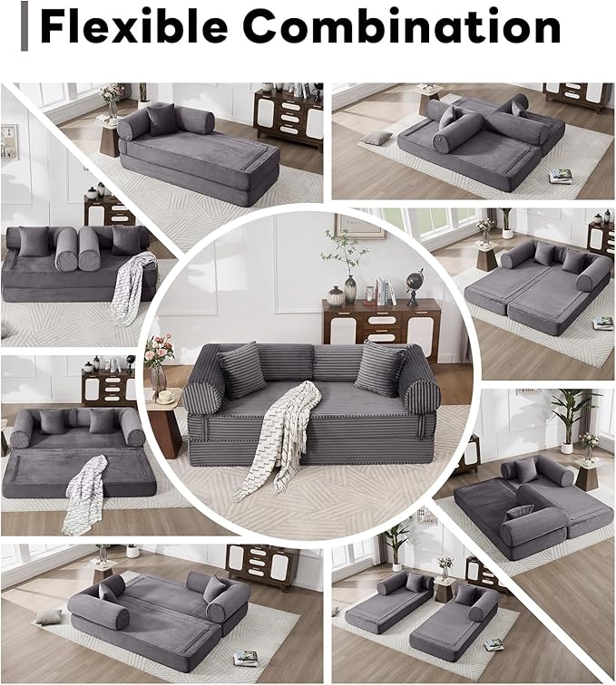 Tbfit 79'' Folding Boneless Couch Oversized Corduroy Convertible Sofa Bed Futon Mattress Sleeper Sofa Comfy Foldable Upholstered Floor Couches for Living Room Gray