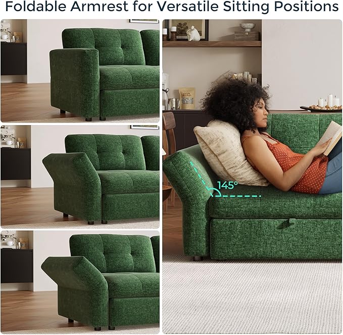 152 Oversized Sectional Sleeper Sofa with Pull Out Bed and Storage Chaise Convertible Sofa Bed with Memory Foam Topper Comfy U Shaped Modular Couches for Living Room Apartment Dorm Room Green