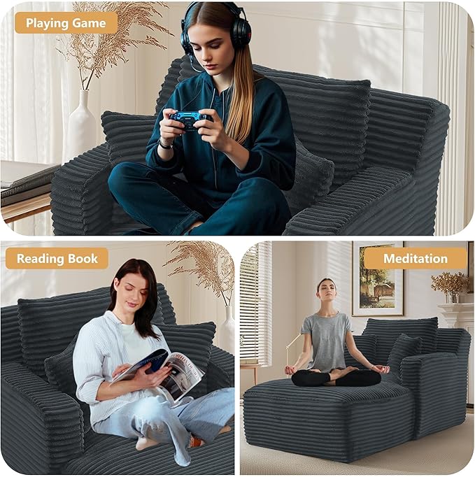 Oversized Chaise Lounge Chair Indoor Modern Corduroy Lounge Couch Comfy Upholstered Sleeper Sofa with Throw Pillows Fluffy Reading Chair Bed for Living Room Drak Gray