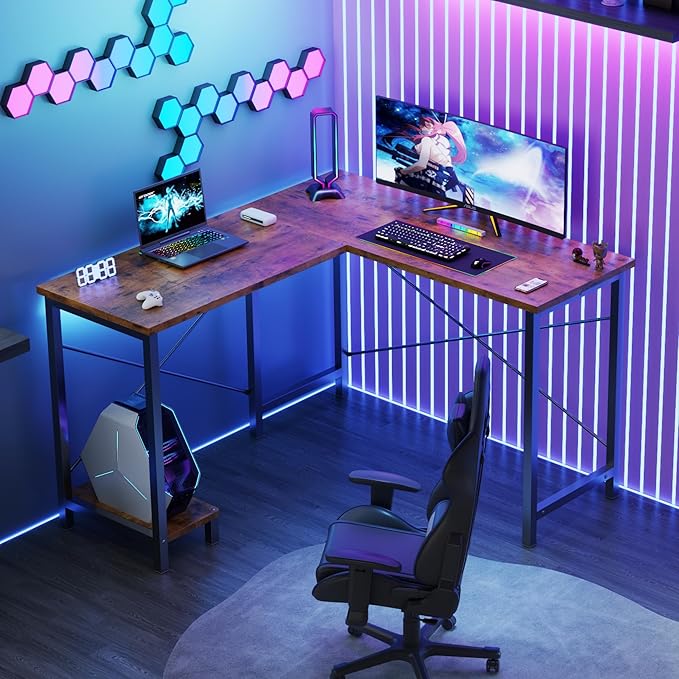 DUMOS L Shaped Desk Computer Gaming Desks Corner Office Table with CPU Shelf for Home Study Writing Work Station 50 Inch Rustic Brwon