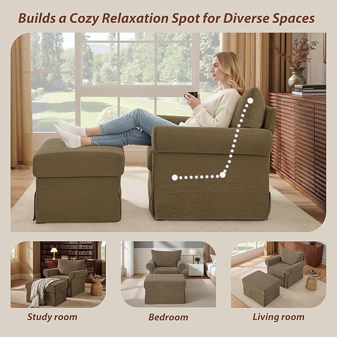 Modern Accent Chairs with Ottoman Set Comfy Chenille Reading Armchair with Rolled Arms and Cushion Backrest 35.8 W Chaise Lounge Chair for Living Room Bedroom Study Apartment Brown