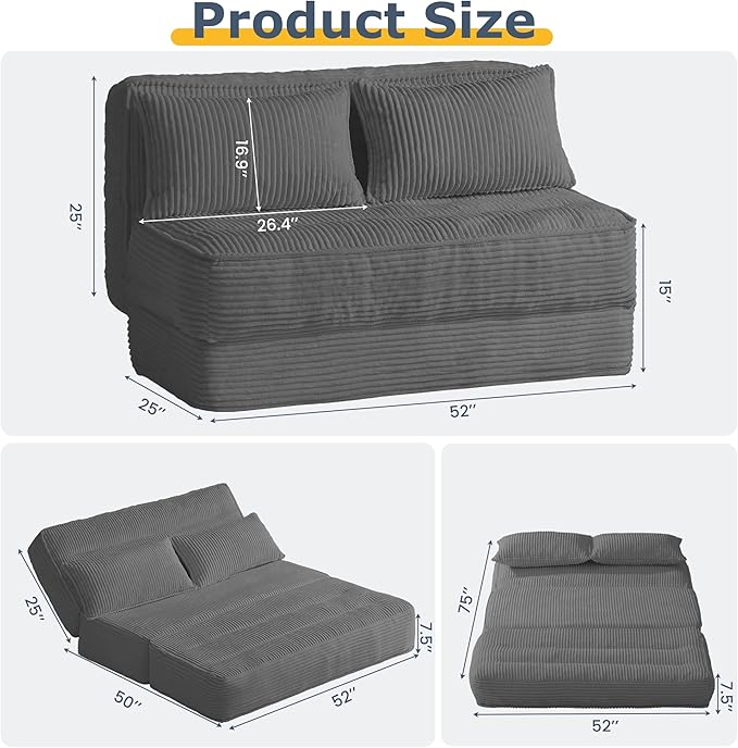 Convertible Folding Sofa Bed with Fixed FrameBoneless Couch Loveseat Sleeper with 5-Position Adjustable Backrest &amp Thickened CushionFuton Couch with 2 Pillows for BedroomSmall Spaces