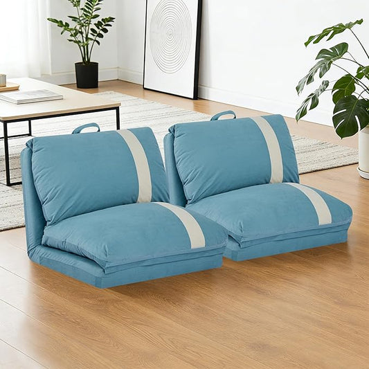 Folding Sofa Bed Set of 2 Convertible Floor Sofa with 6-Position Adjustable Backrest Metal Frame and Handle Futon Floor Couch for Dorm Bedroom Apartment Sky Blue